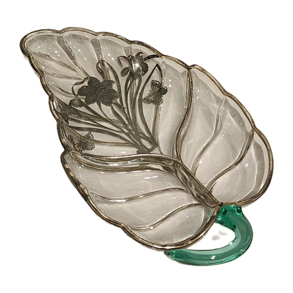 Vintage 12" Glass Leaf Dish Silver Floral Overlay/Trim Green Stem